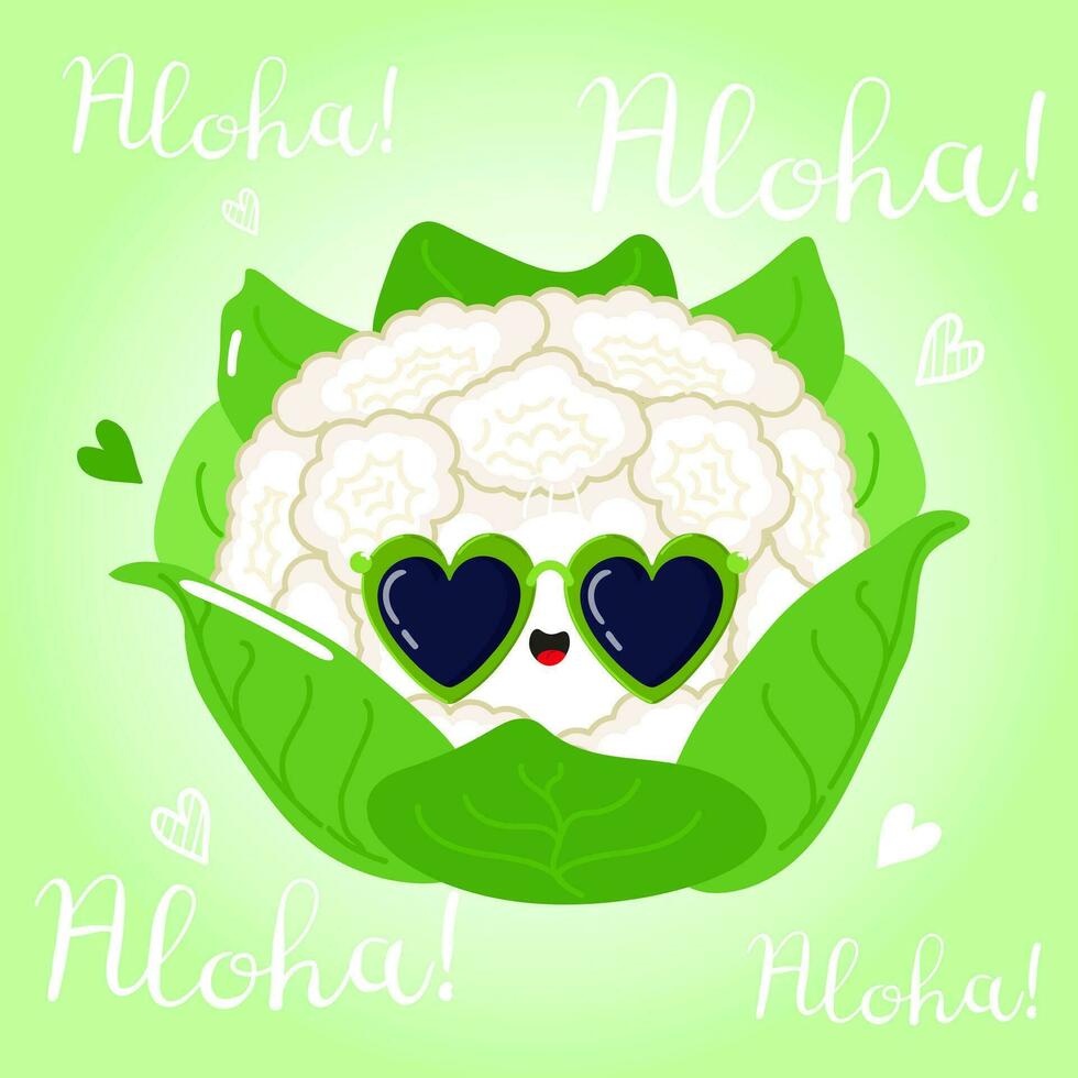 Cute funny Cauliflower character. Vector hand drawn cartoon kawaii character illustration icon. Isolated on green background. Cauliflower character concept. Aloha c