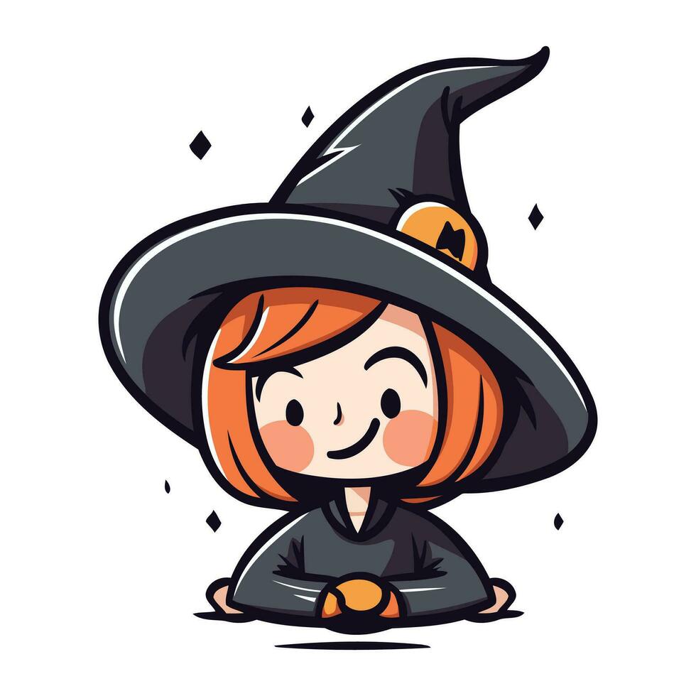 Cute Little Girl Wearing Witch Costume Cartoon Vector Illustration.