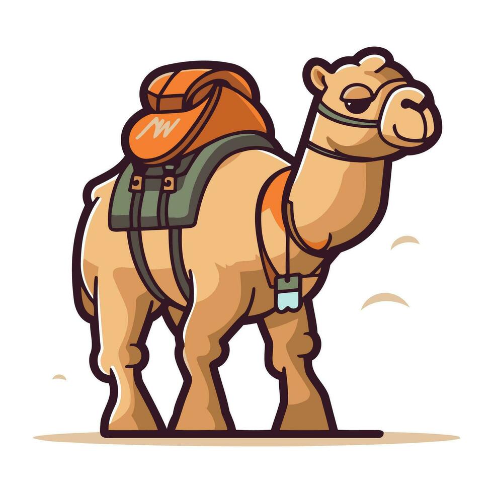 Camel with a backpack. Vector illustration of a camel in cartoon style.