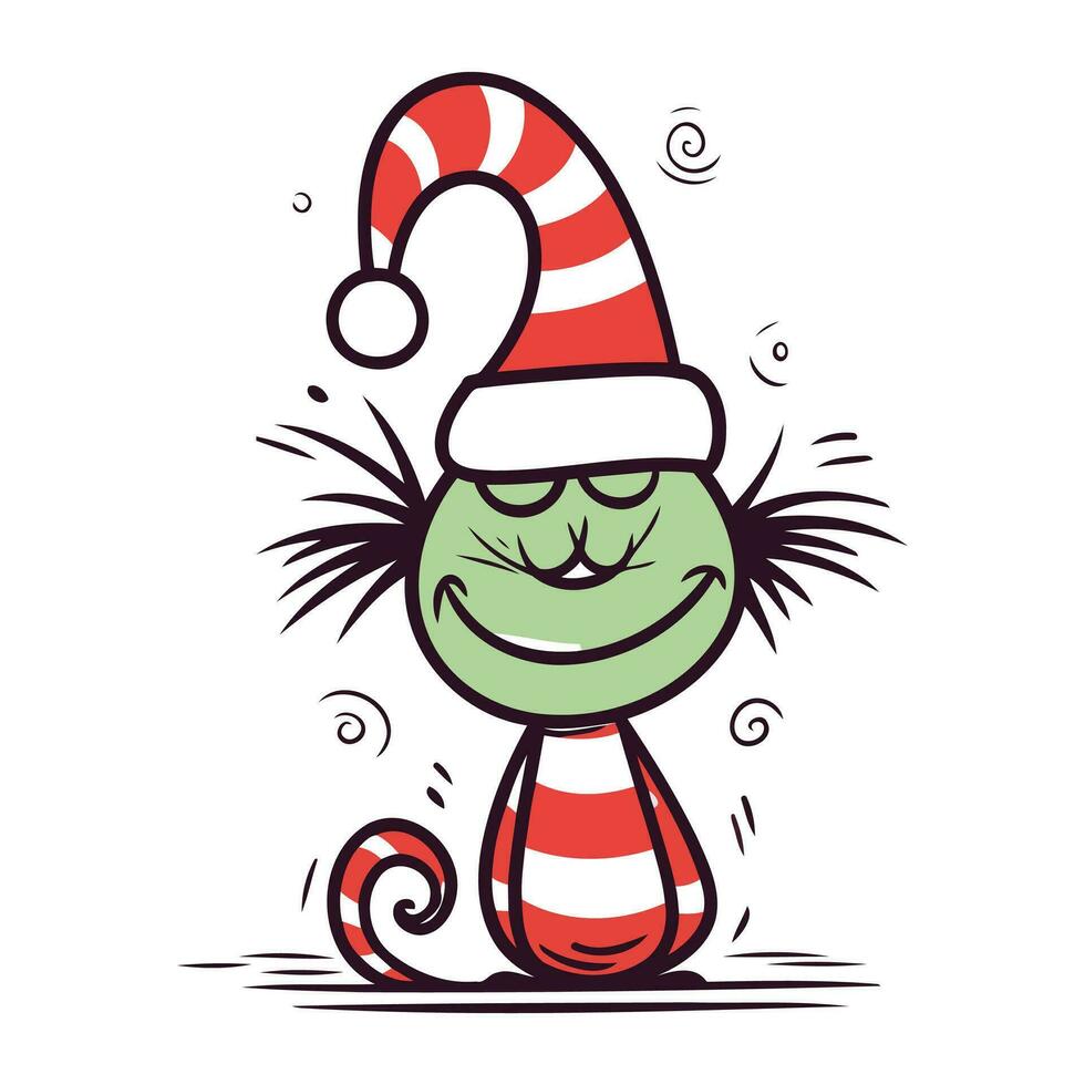 Funny cat in a hat of Santa Claus. Vector illustration.