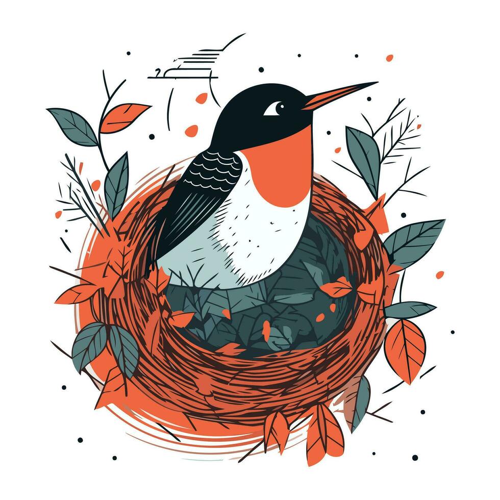 Vector illustration of a bird in the nest. Hand drawn style.