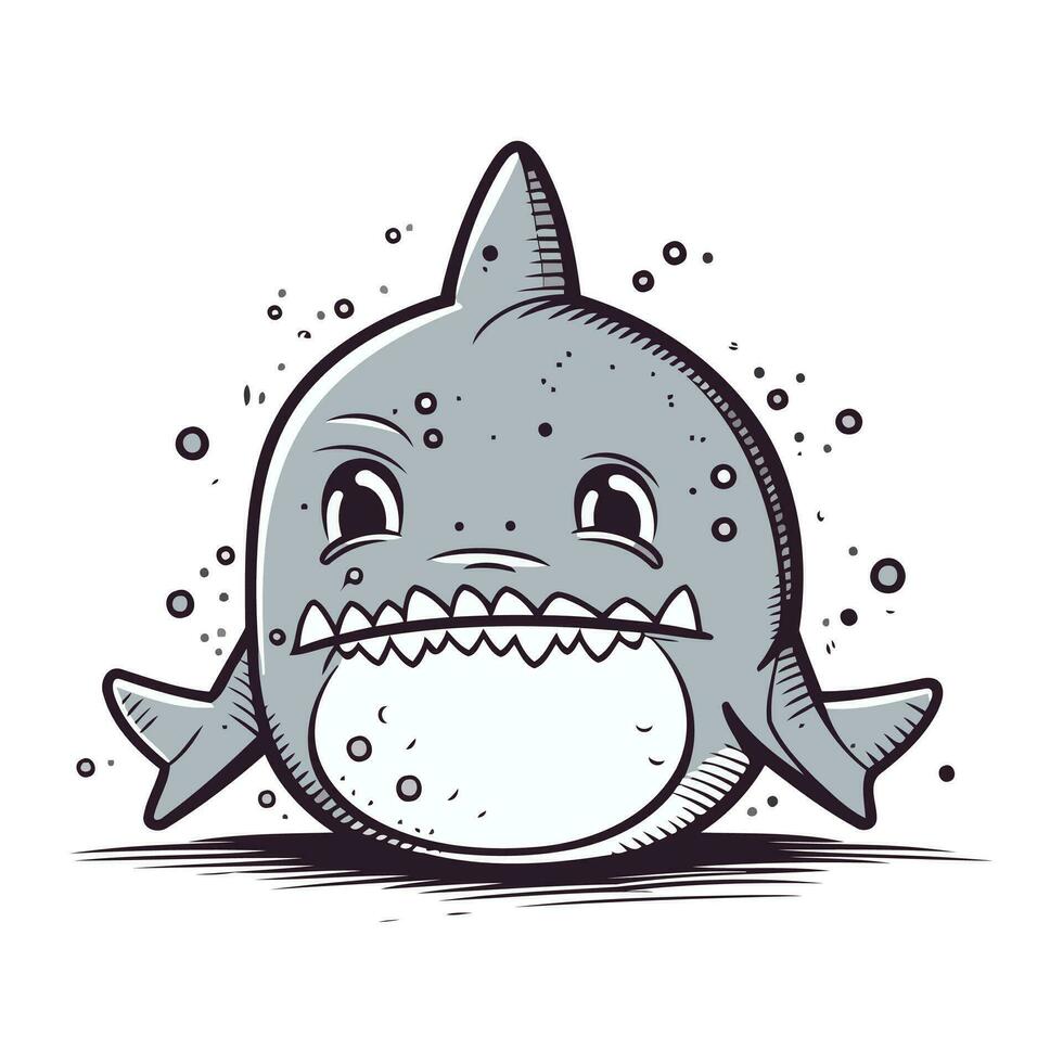 Cute cartoon shark with big teeth. Vector illustration isolated on white background.