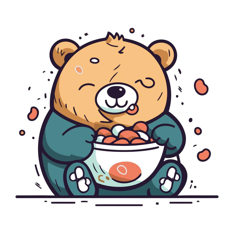 Cute bear with bowl of food. Vector illustration in cartoon style.