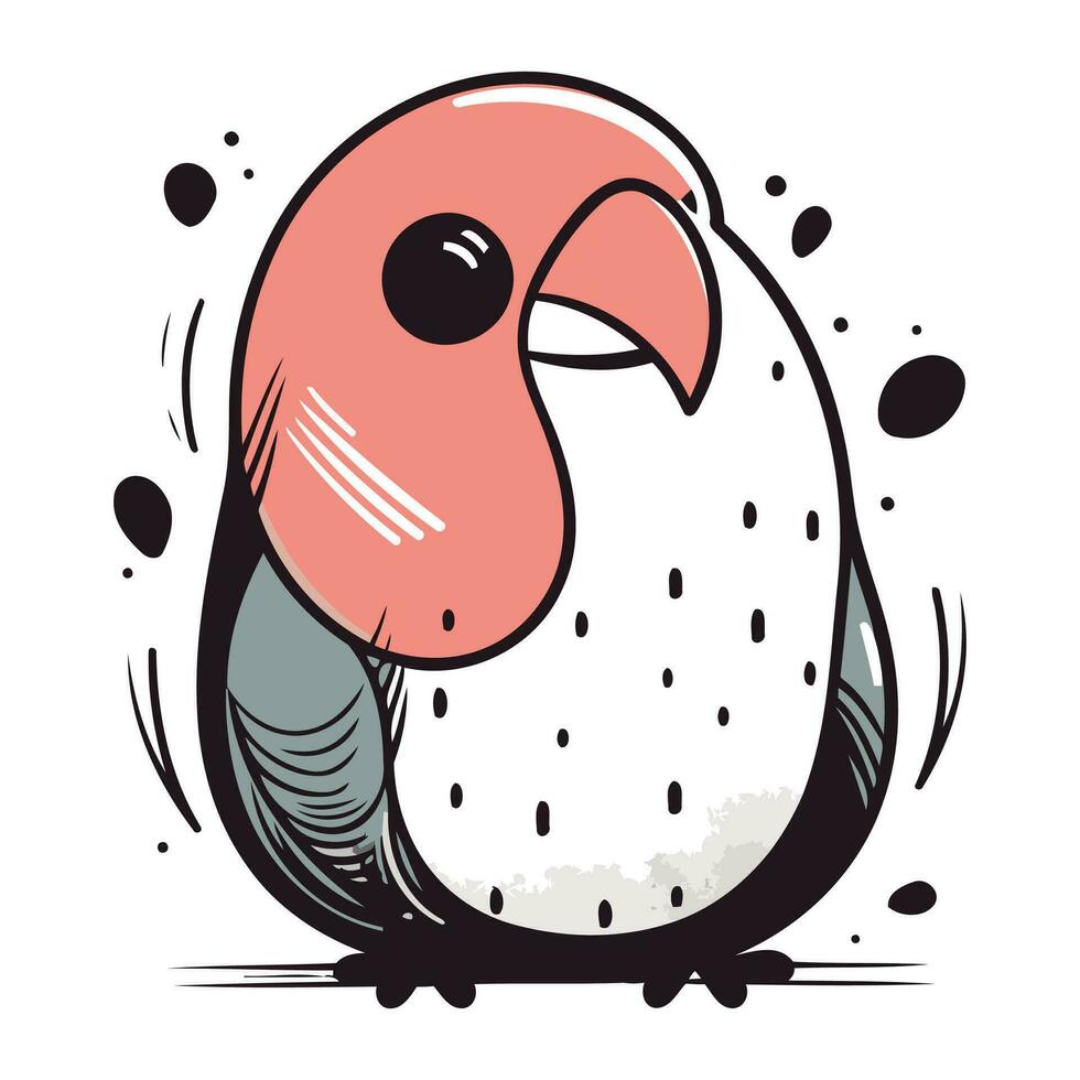 Vector illustration of cute parrot in doodle style on white background.