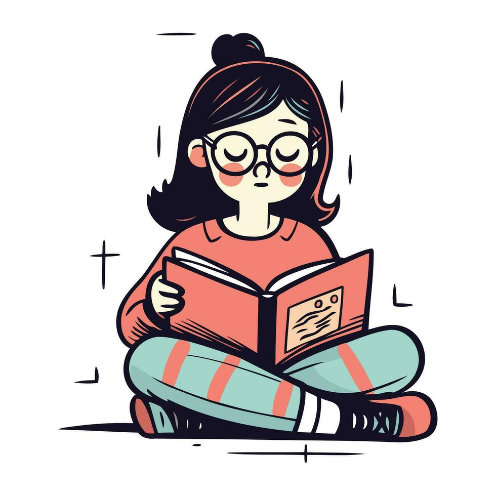 Little girl reading a book. Vector illustration in doodle style.