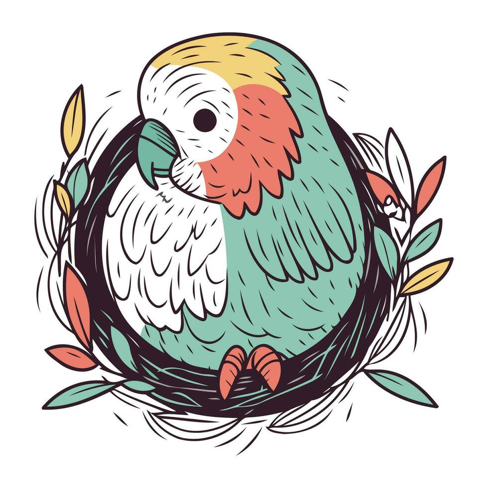 Cute parrot in the nest. Hand drawn vector illustration.