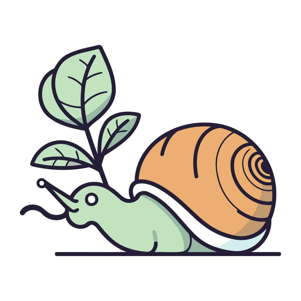 Cartoon snail with green leaves on white background. Vector illustration.