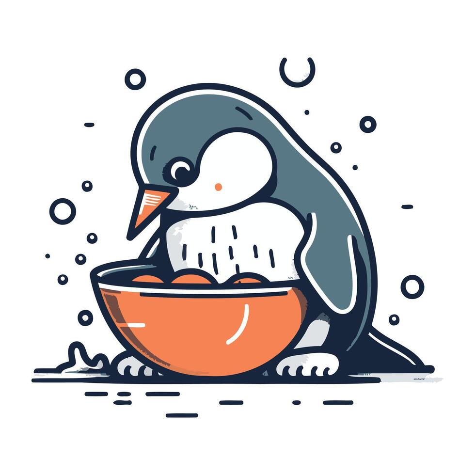 Cute penguin with bowl of food. Vector illustration in line style.