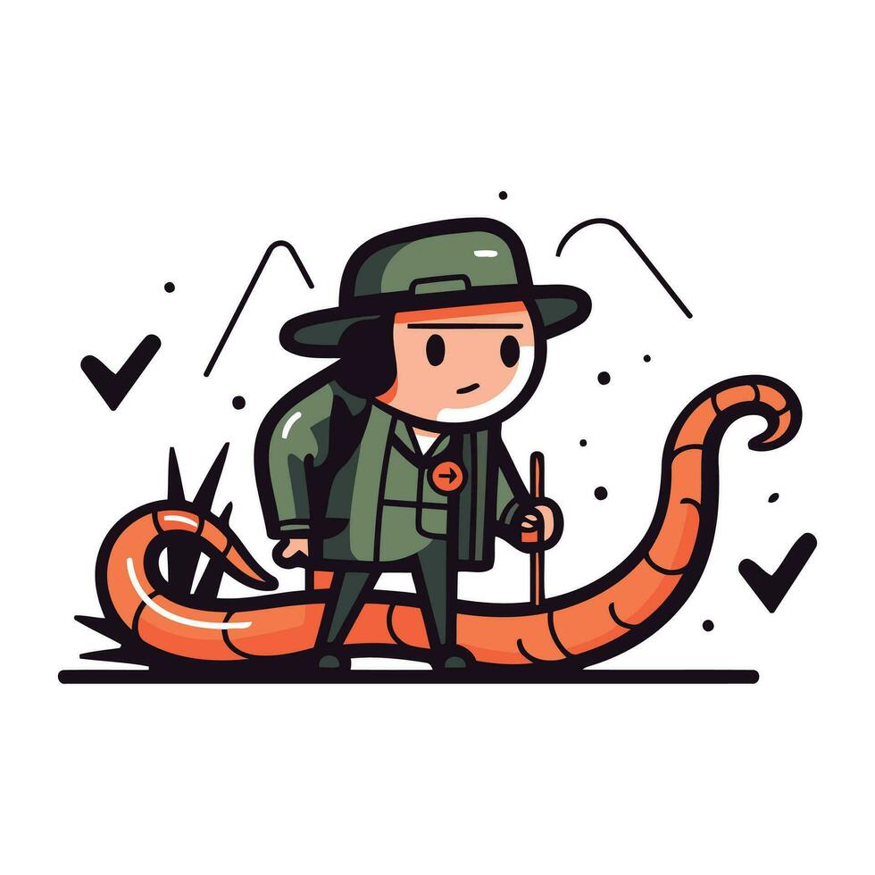 Fisherman with a snake. Vector illustration in cartoon style.