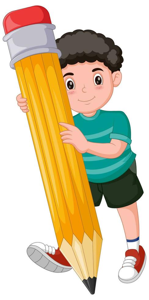 Cartoon boy cartoon holding a big pencil. Vector illustration