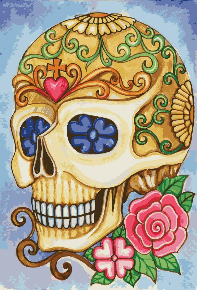 Sugar skull day of the dead hand watercolor painting on paper and make graphic vector. vector