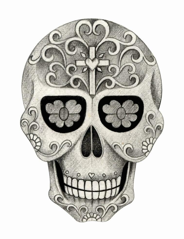 Sugar skull day of the dead hand drawing on paper and make graphic vector. vector