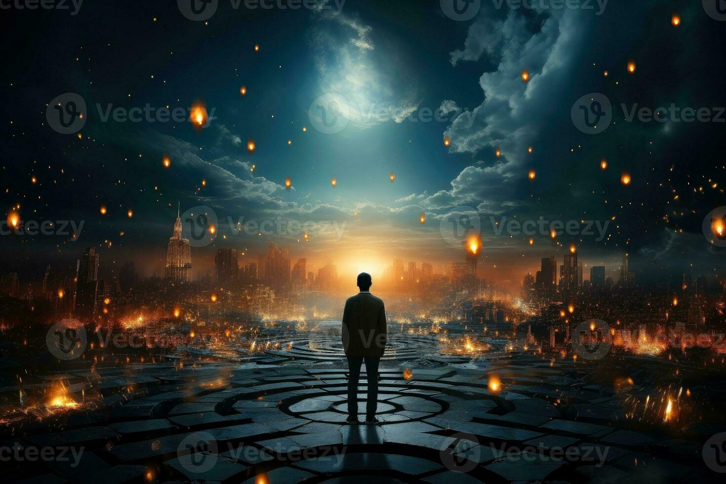 Back view of business man,spiritual journey, psychic waves concept, Generative AI photo