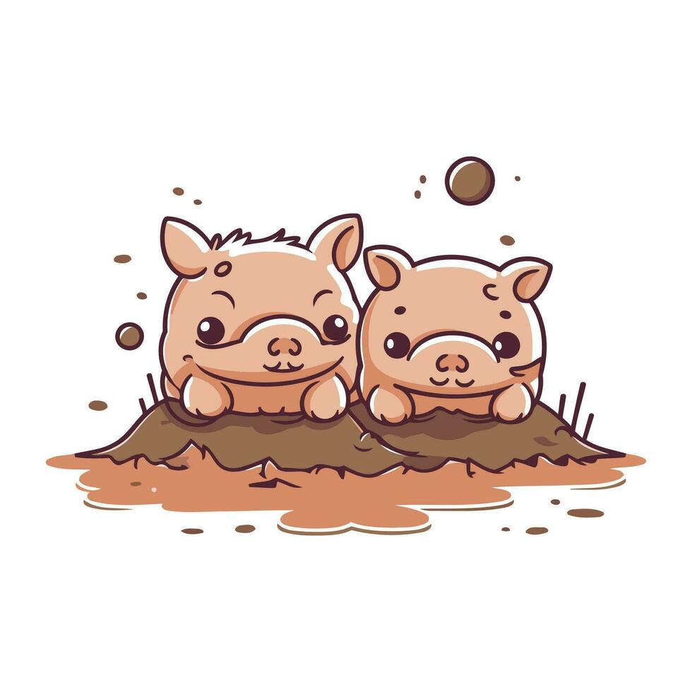 Cute little hippo and pig sitting in the mud. Vector illustration.