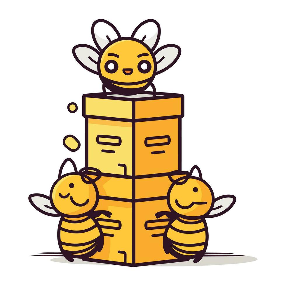 Cute cartoon bee family with boxes. Vector illustration isolated on white background.