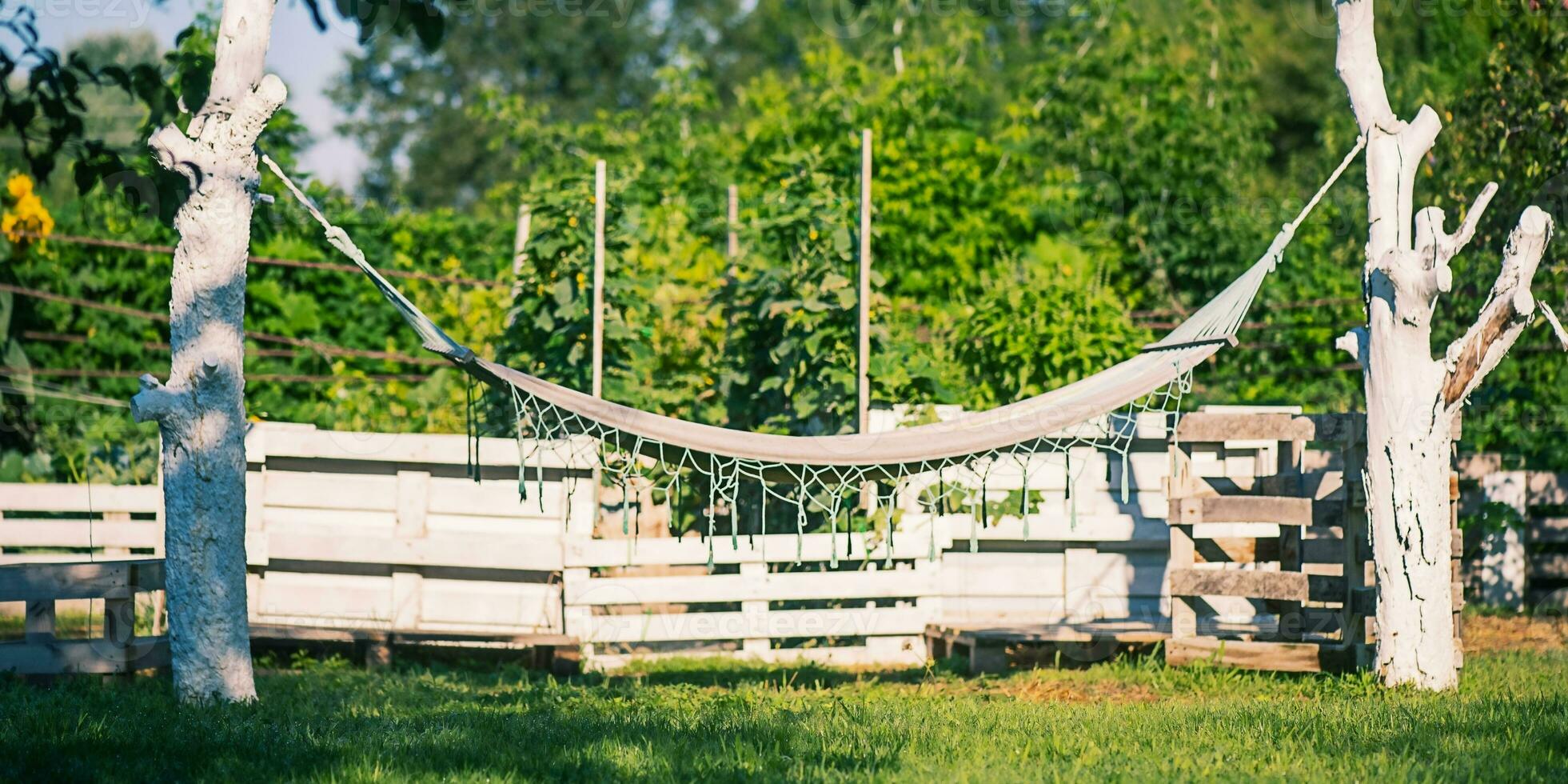 A hammock hangs in the garden. Rest near the house or cottage on a sunny day. photo