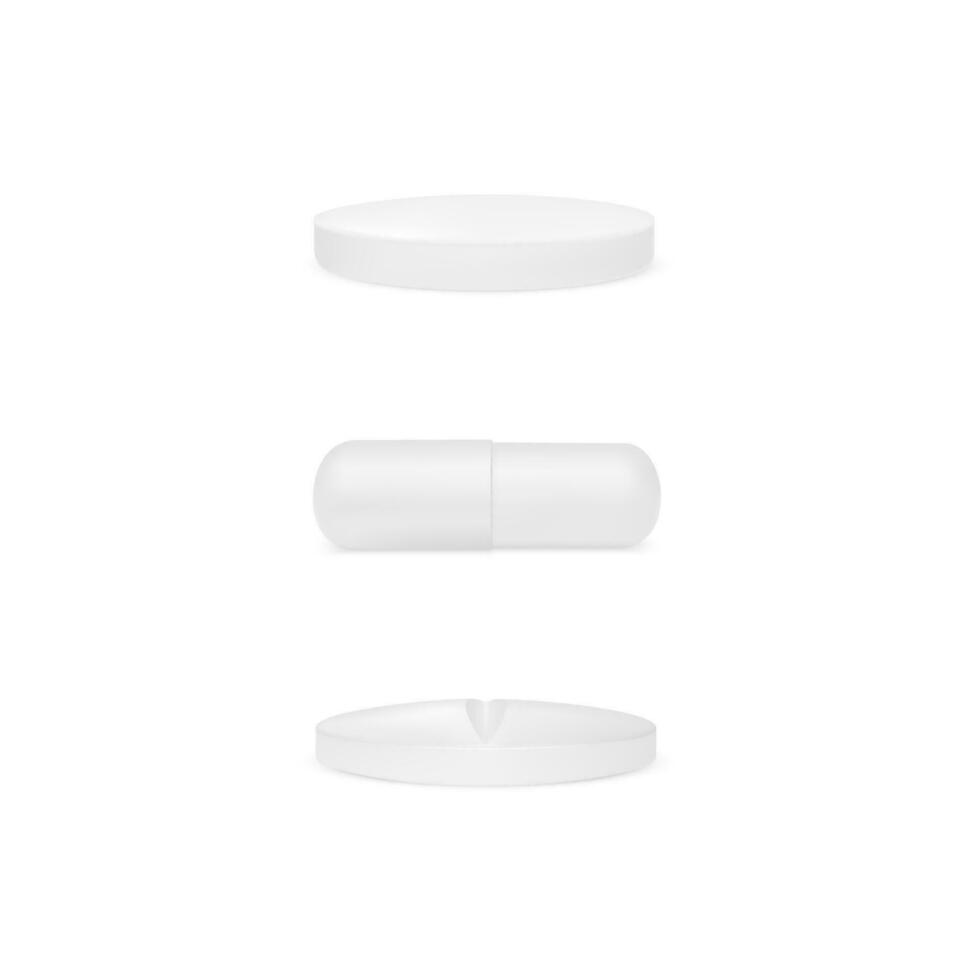 Realistic white pill. Realistic treatment tablet. Vitamins capsule on white background. Vector