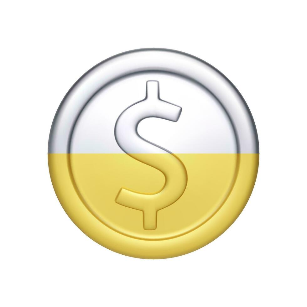 Silver and gold coin with dollar symbol. Metallic money.  Vector illustration isolated on white background