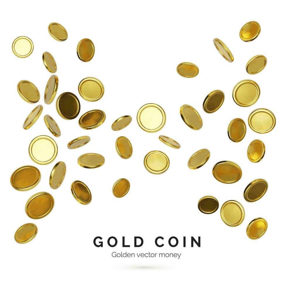 Realistic gold coins on white background. Jackpot or casino poker win element. Cash treasure concept. Falling or flying money. Vector illustration