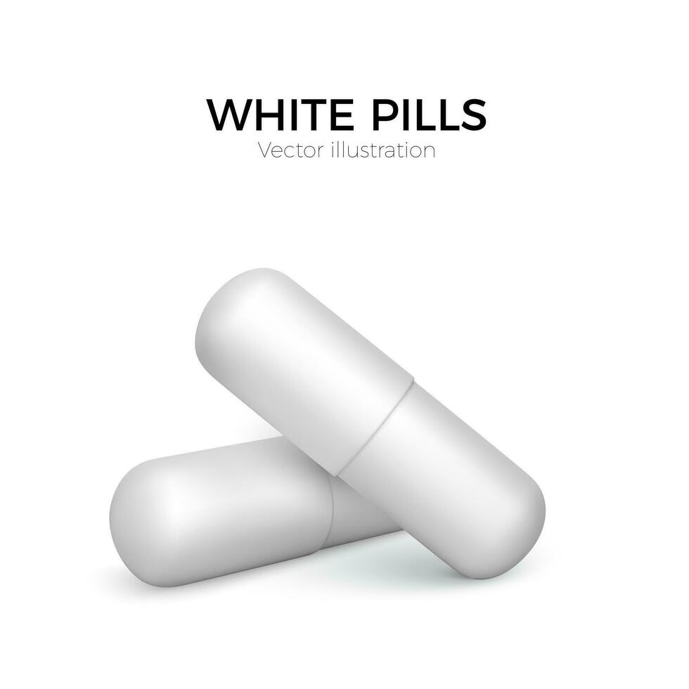 White pills. Healthcare and medicine poster. Web banner medicine capsules on white background. Vector illustration