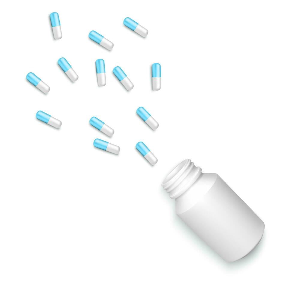 Realistic bottle with scattered tablets. White and blue drug capsules isolated on white background. Healthcare and medicine object for banner or poster. Vector
