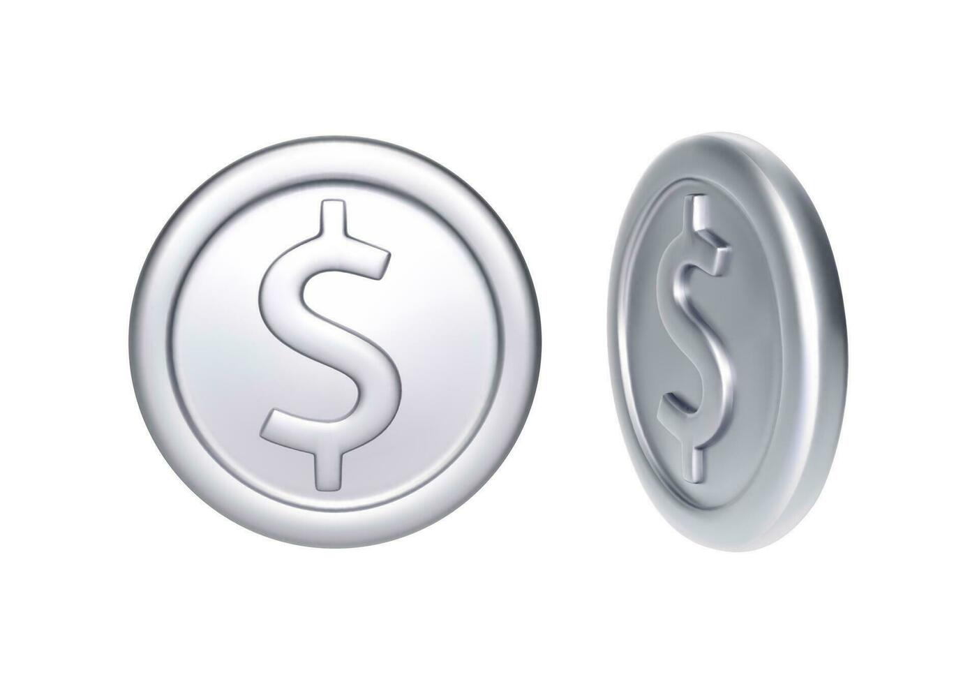 Silver coin with dollar symbol. Rotation metallic money. Vector illustration