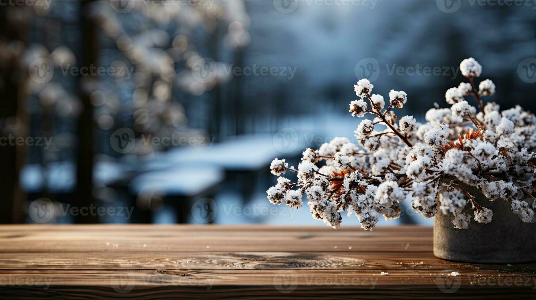 Wooden table and winter landscape background. Copy space. Place for text. Horizontal format. AI Generated photo