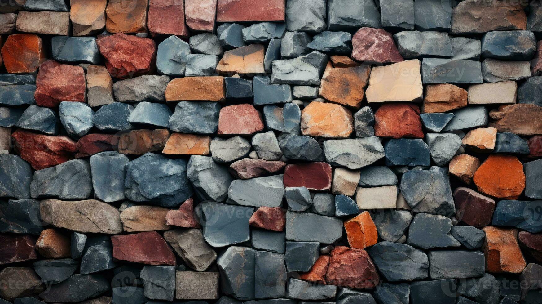 Stone wall background. Geometric masonry wallpaper. Copy space. Place for text. Horizontal format. AI Generated photo