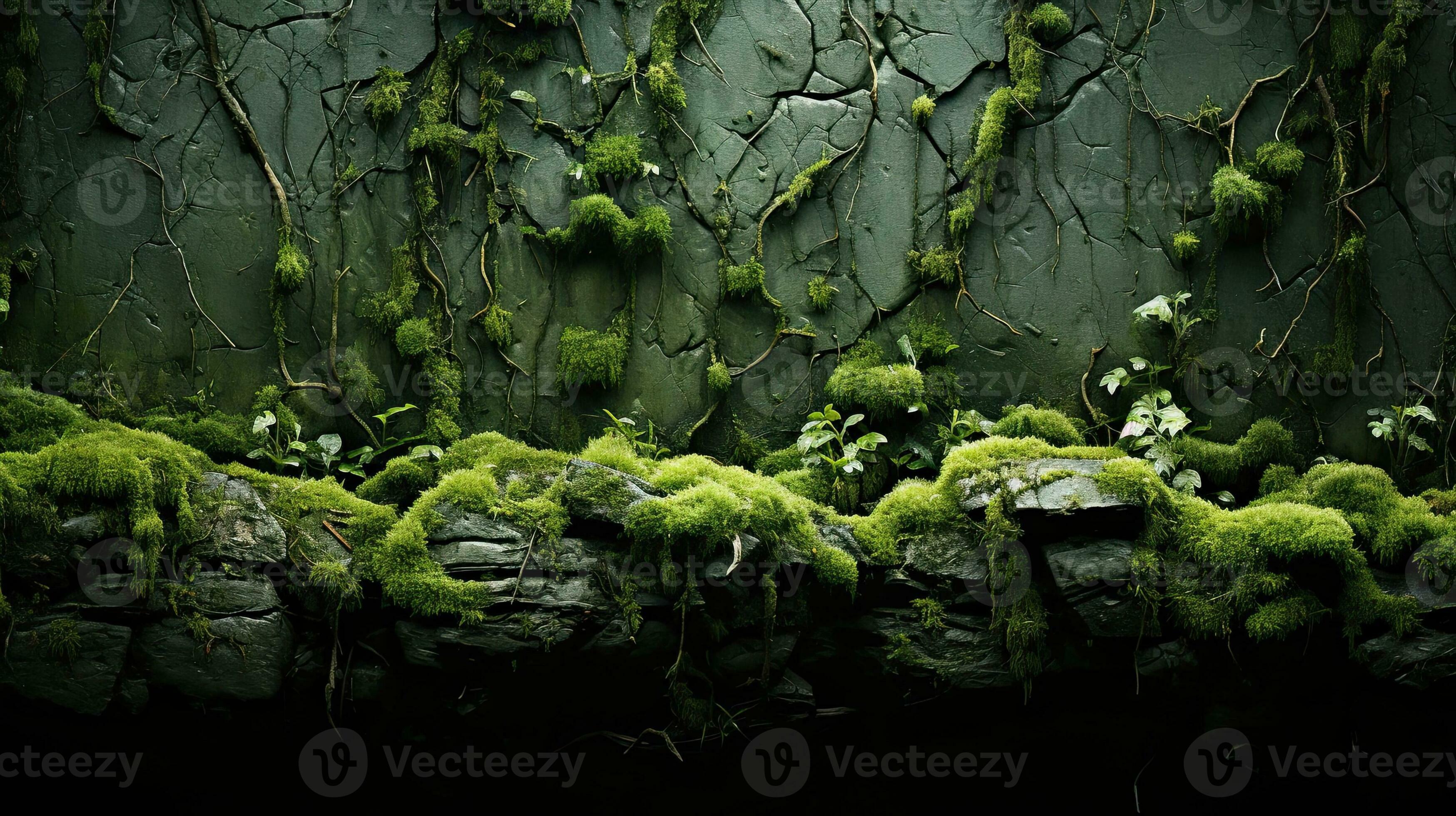 Texture wallpaper of moss and vegetation on a stone wall. 3D natural
