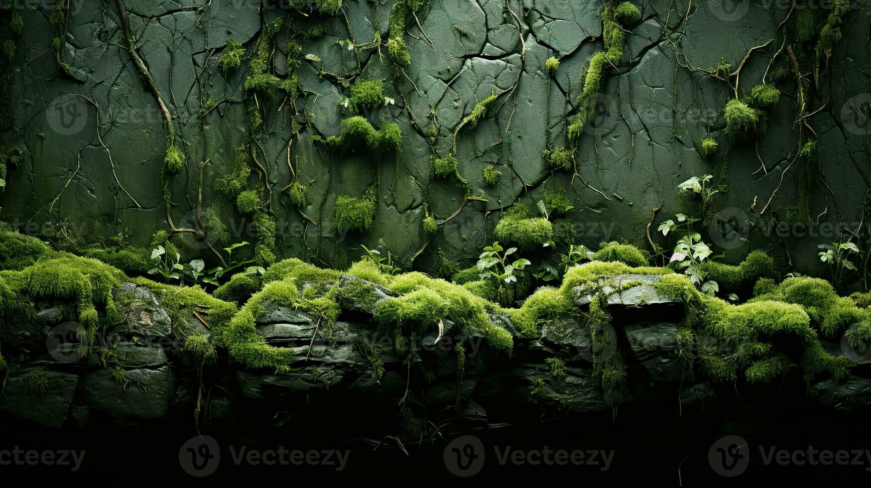 Texture wallpaper of moss and vegetation on a stone wall. 3D natural wallpaper. Horizontal format. AI Generated photo