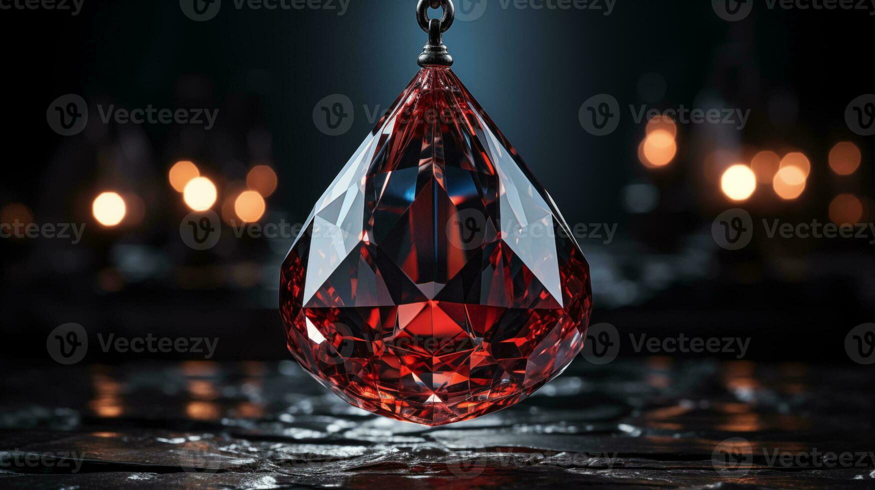 Red precious cut stone. Ruby pendant. Dark background. Macro photography. AI Generated photo