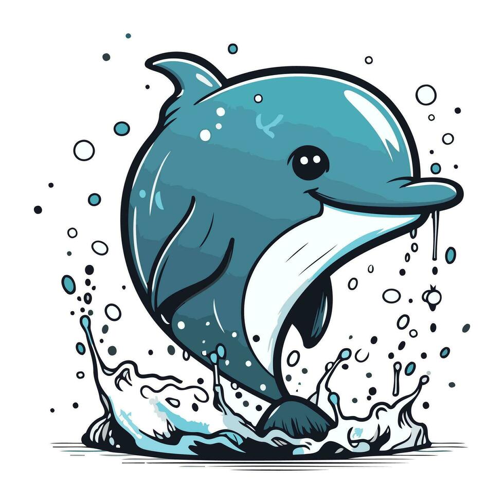 Dolphin jumping out of the water. Hand drawn vector illustration.
