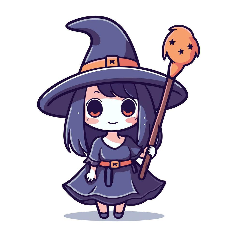 Cute little witch girl with magic wand. Vector illustration in cartoon style.