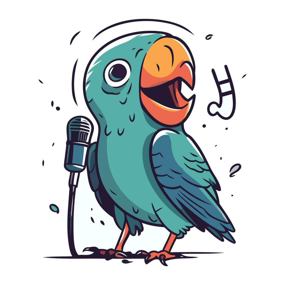 Vector illustration of a cute cartoon parrot singing into a microphone.