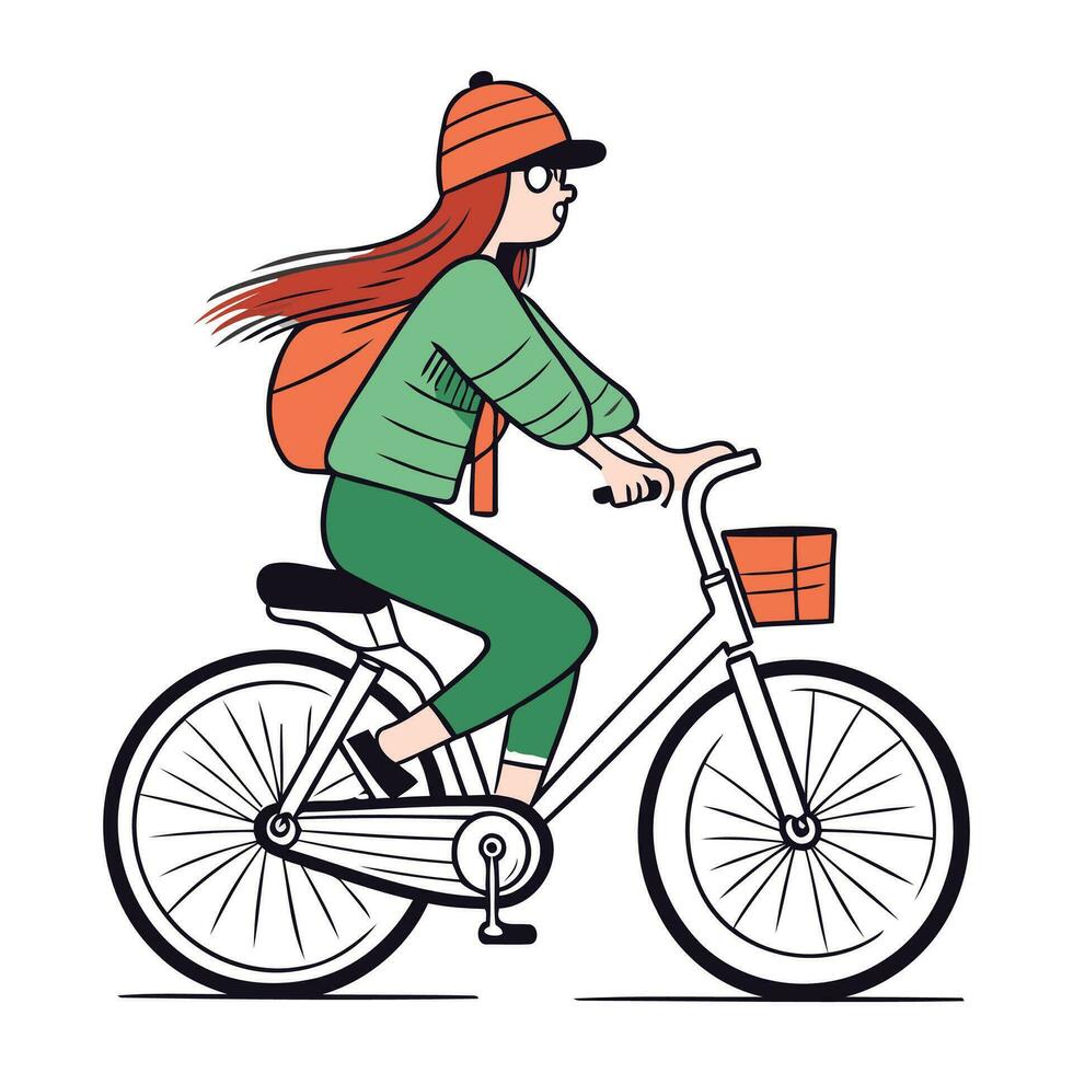 Young woman riding a bike. Vector illustration in a flat style.