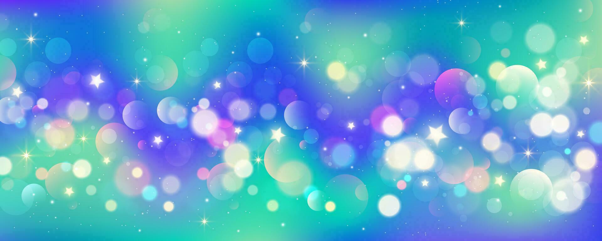 Glitter sky background. Holographic fantasy galaxy with stars. Magic unicorn space with bokeh. Gradient color vector backdrop. Wavy turquoise wallpaper.