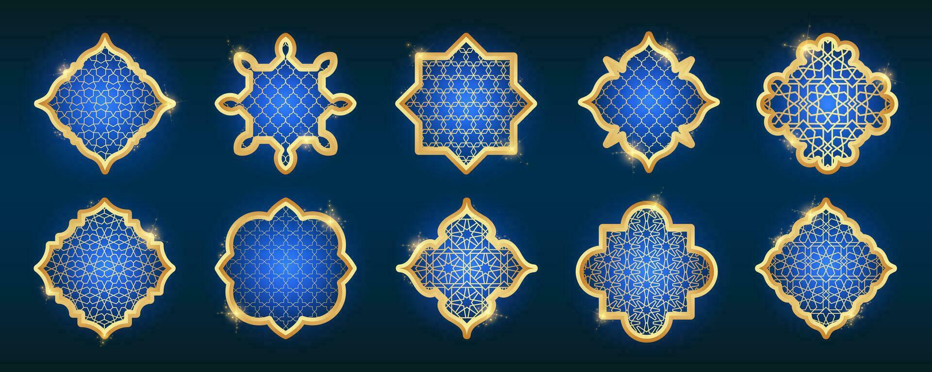 Islamic golden frame shapes set. Ramadan window with ornament. Vector oriental decoration design. Arabian traditional outline elements and signs.