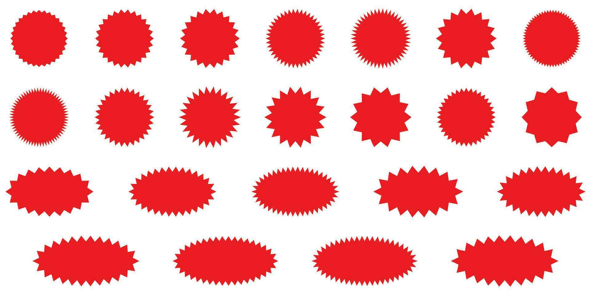 Starburst red sticker set - collection of special offer sale round and oval sunburst labels and buttons isolated on white background. Stickers and badges with star edges for promo advertising. vector