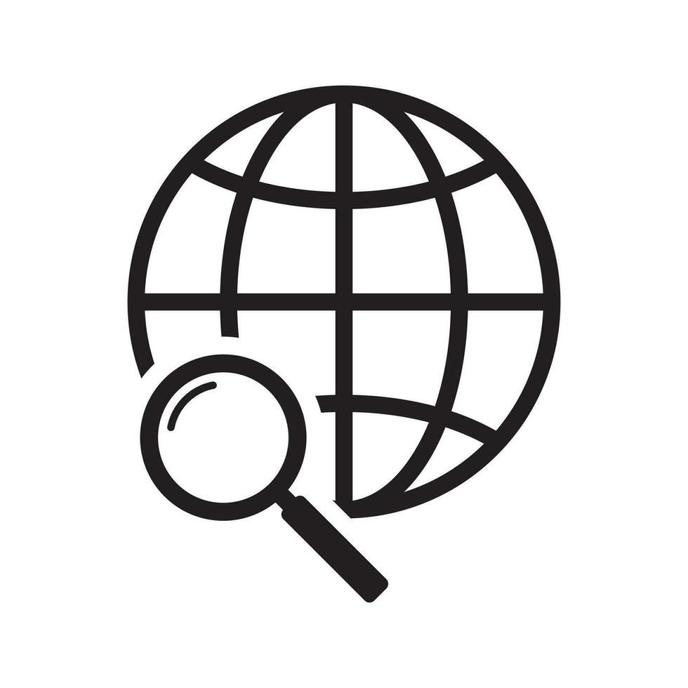 Magnifier and globe icon, search for a place on a map or on the globe icon. The icon of the magnifying glass and planet Earth. vector