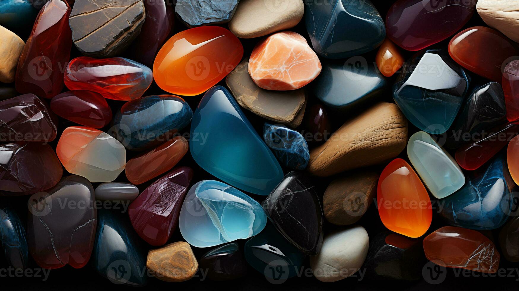 Background made of precious stones. Bright pebbles wallpaper. Horizontal format. AI Generated photo