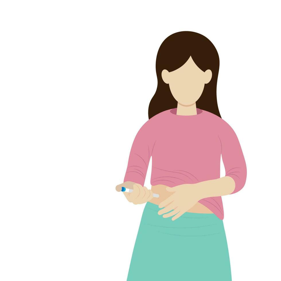 Portrait of a girl giving herself an insulin injection, isolate on white, flat vector, faceless illustration vector