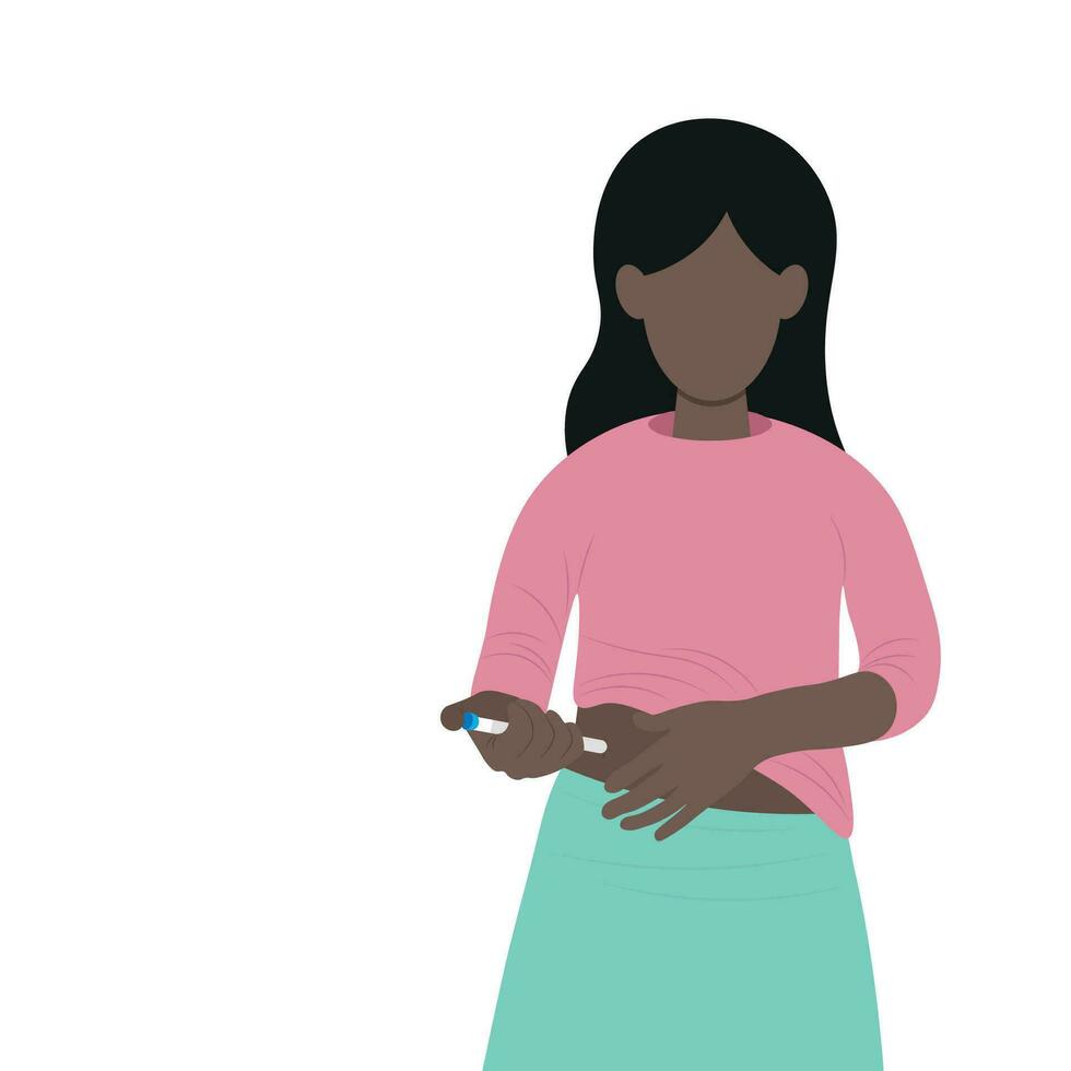 Portrait of a dark-skinned girl giving herself an insulin injection, isolate on white, flat vector, faceless illustration vector
