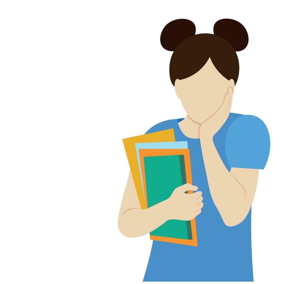 retrato de un niña estudiante con libros en su mano, aislar en blanco, plano vector, preocupado alumno, sin rostro vector