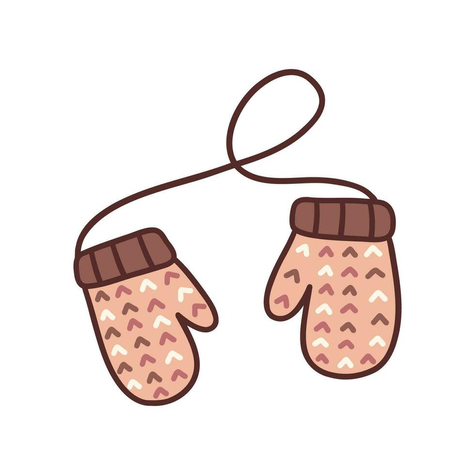 Cute knitted warm winter mittens on string. Vector