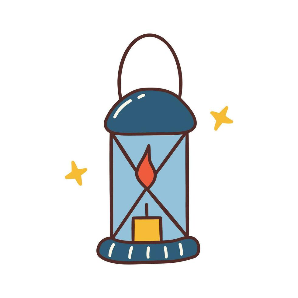 Blue lantern with burning candle. Vector hand drawn