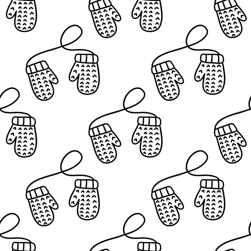 Seamless pattern with knitted winter mittens on string. Vector