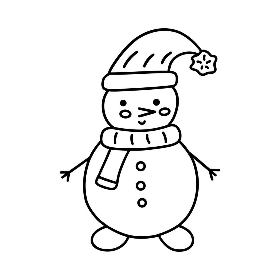 Cute snowman in scarf and hat. Vector doodle