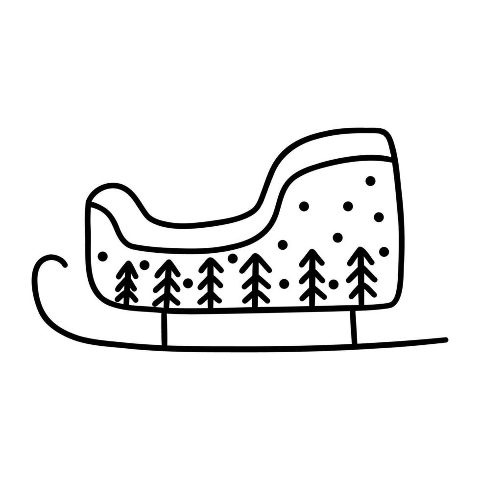 Sleigh. Print of Christmas tree and snowflakes. Vector doodle