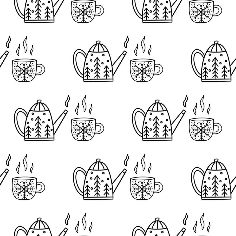 Seamless pattern with Christmas teapot and cup. Vector doodle