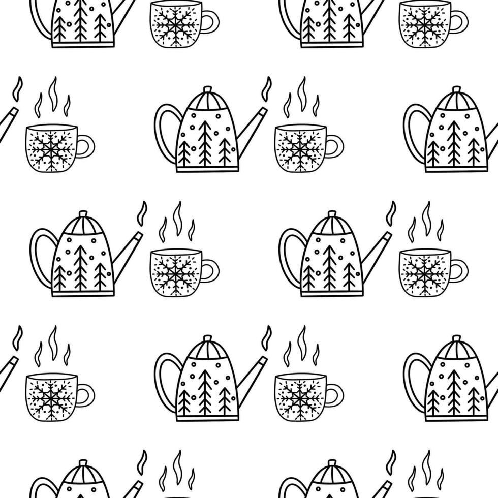 Seamless pattern with Christmas teapot and cup. Vector doodle